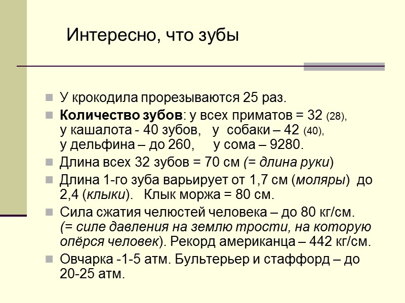 У крокодила прорезываются 25 раз. Количество зубов: у всех приматов = 32 (28), 
